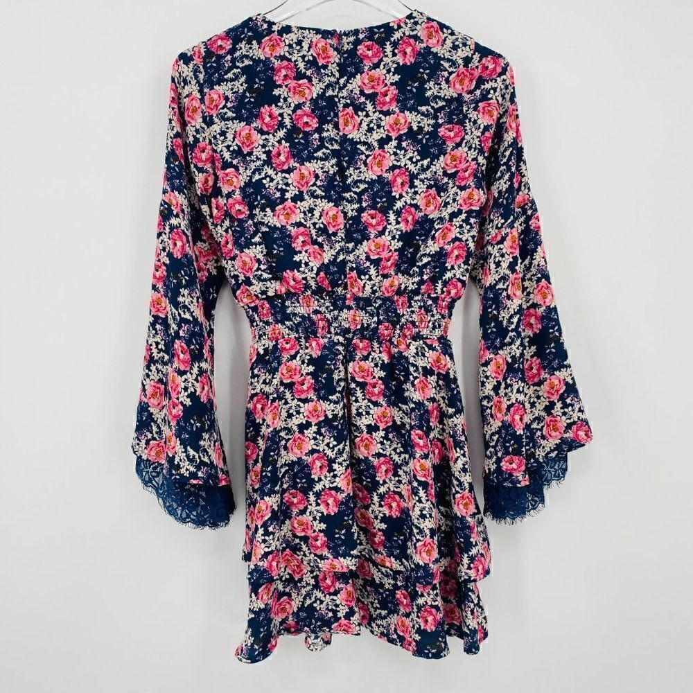 Altar'd State Size XS Navy Blue & Pink Floral Claudine Bell Sleeve Boho Dress - Picture 10 of 10